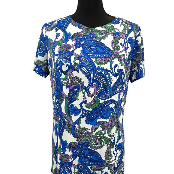 Vintage Shelton Stroller 60s White Dress Blue Paisley Print Flower Front Zip - Picture 2 of 8